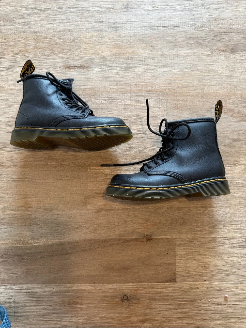 Dr. Martens Black Leather Lace-Up Ankle Boots with Yellow Stitching